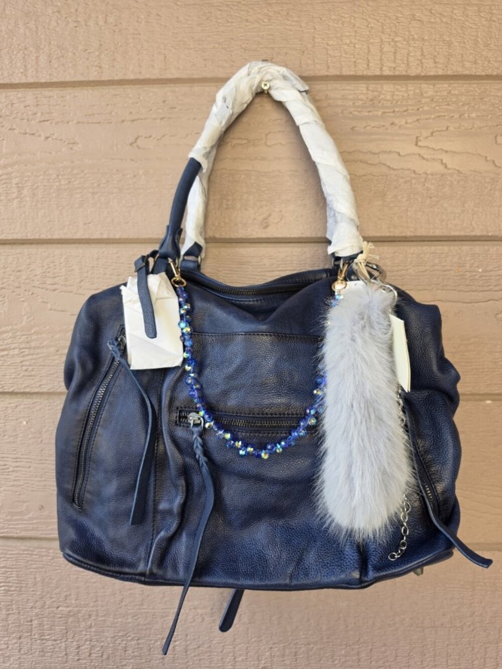 Free People Emerson Tote Bag Navy Blue Leather Convertible Backpack Charms